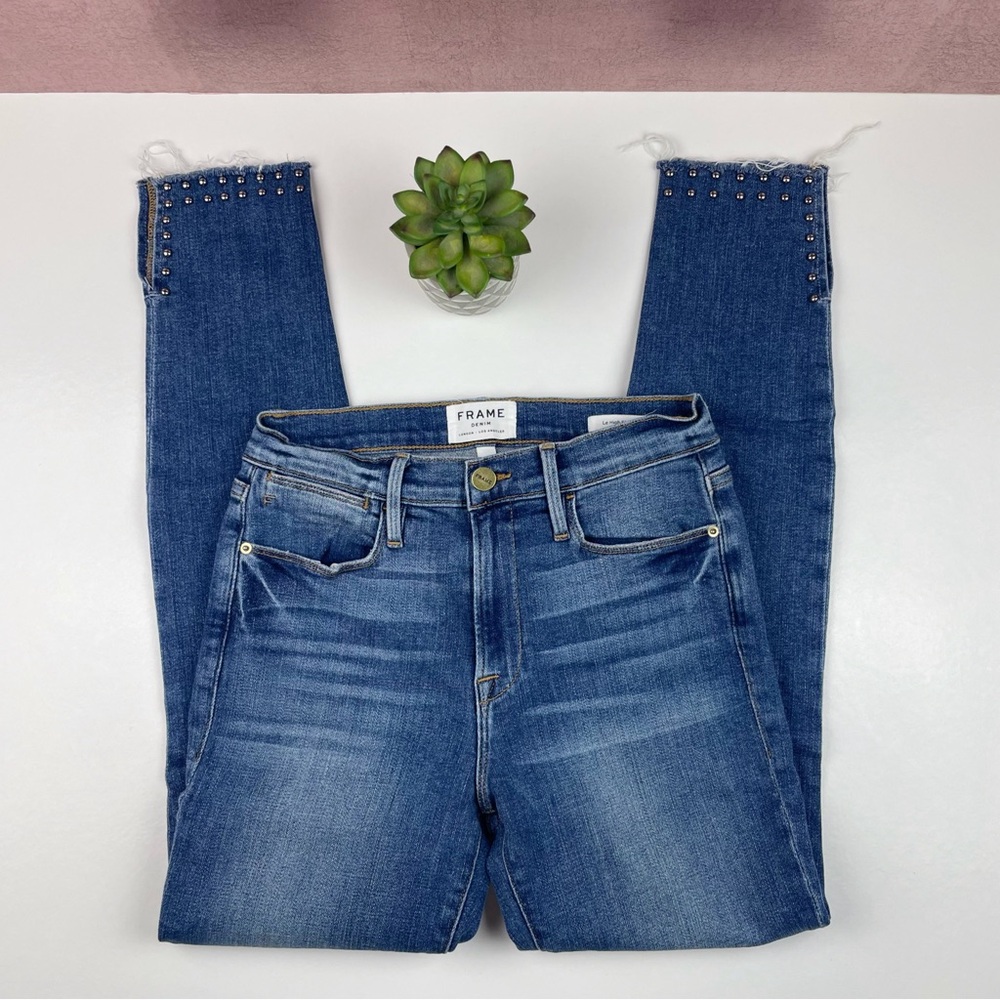 Frame Denim Le High Skinny Jeans Frayed Silver Hardware Women Size 27 Designer